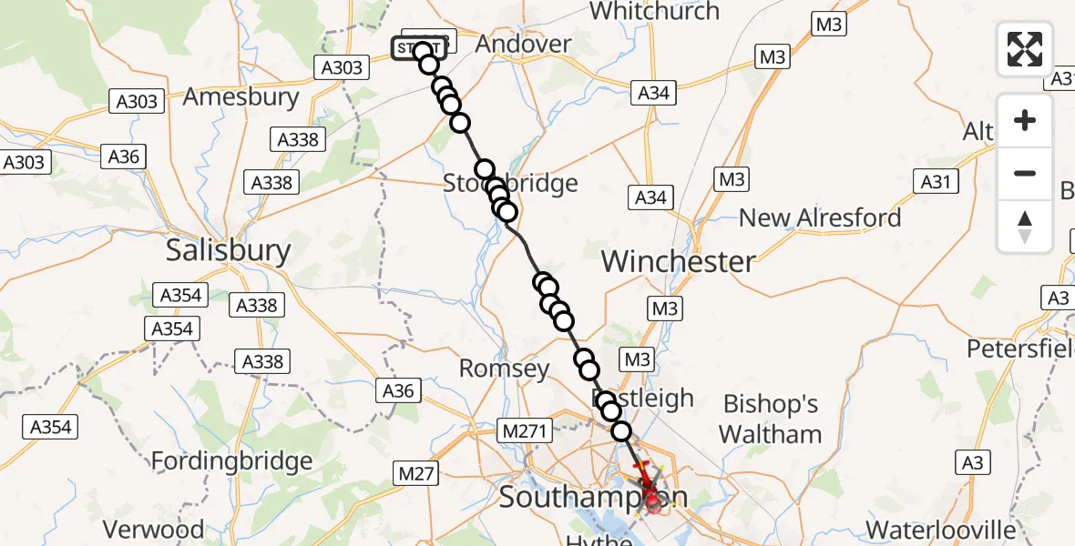 Flight path map showing Air Ambulance Helicopter route from Thruxton Aerodrome to Southampton