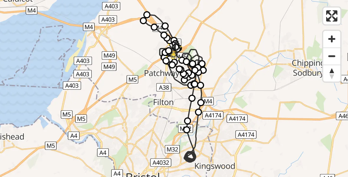 Flight path map showing Police Helicopter route from Almondsbury Helicopter Base to Almondsbury Helicopter Base