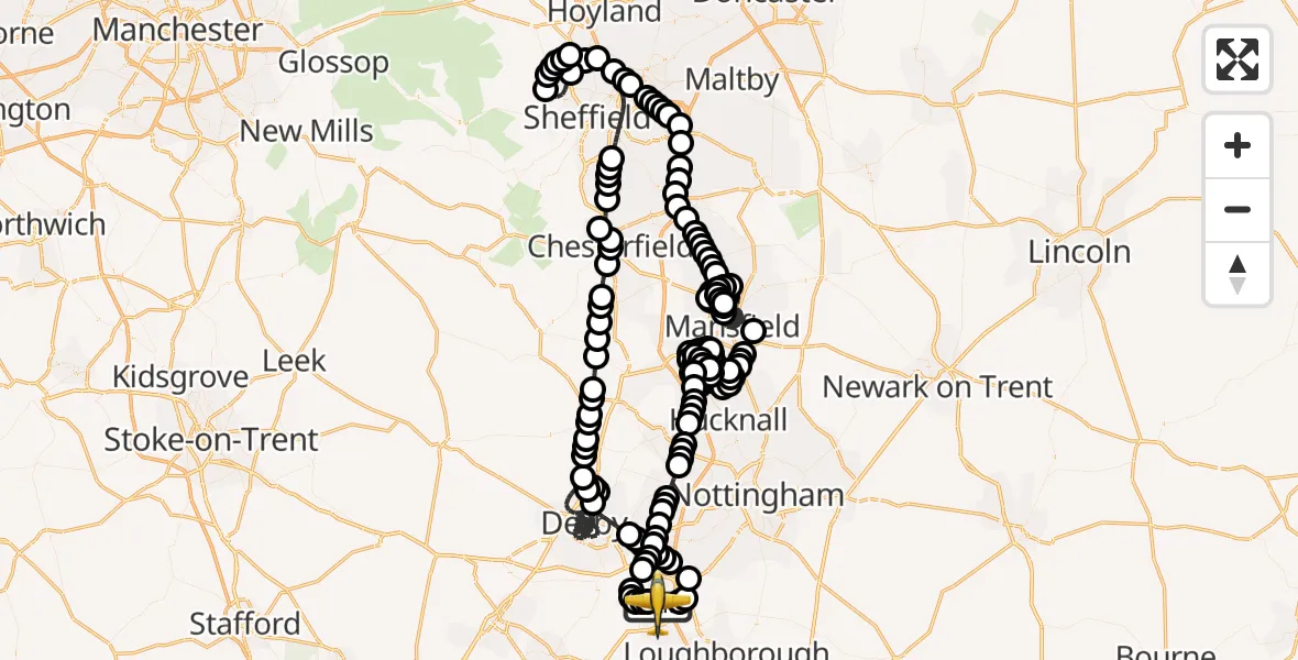 Flight path map showing Police Aircraft route from East Midlands Airport to East Midlands Airport