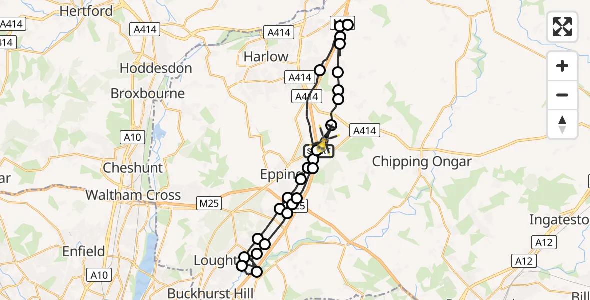 Flight path map showing Police Helicopter route from North Weald Airfield to North Weald Airfield