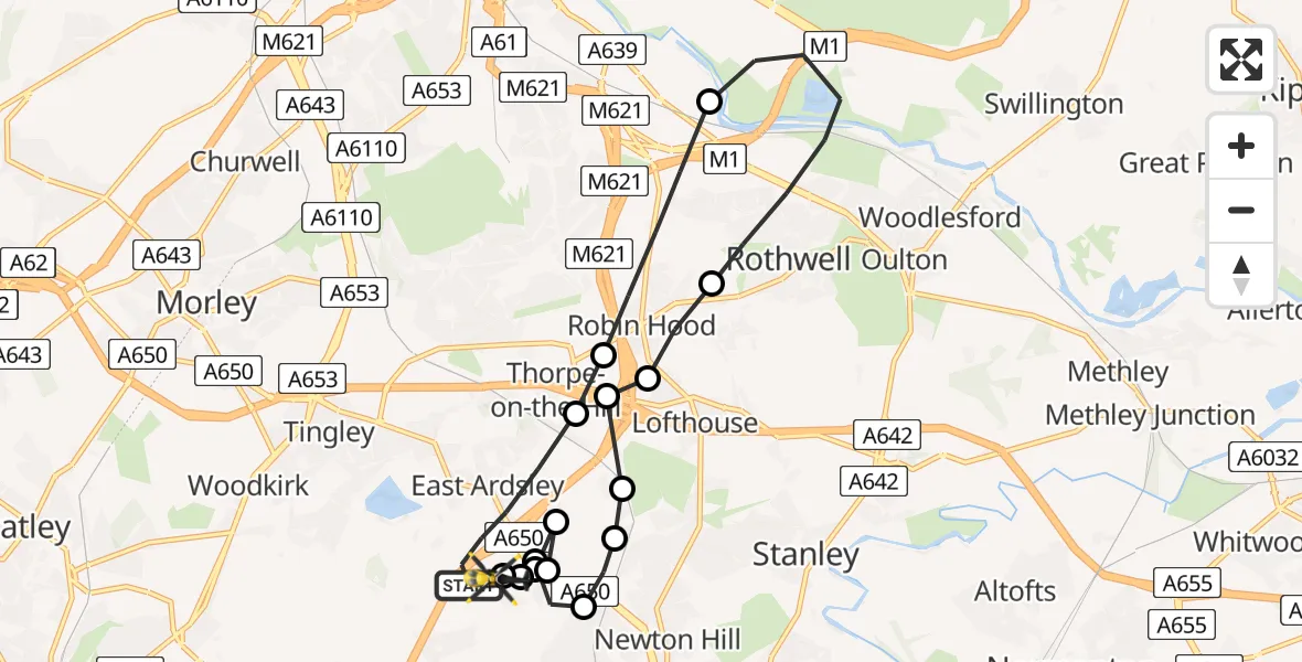 Flight path map showing Police Helicopter route from East Ardsley to East Ardsley