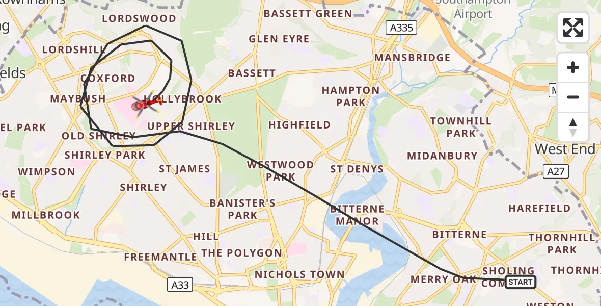 Flight path map showing Air Ambulance Helicopter route from Southampton to University Hospital Southampton