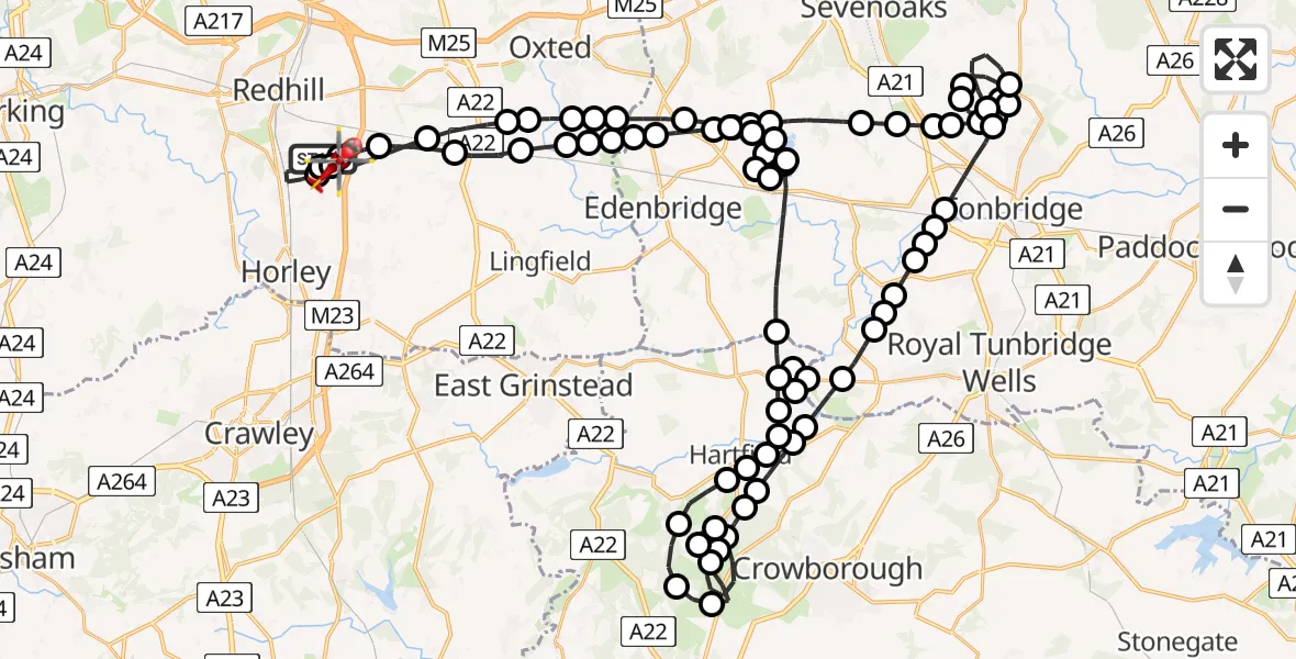 Flight path map showing Air Ambulance Helicopter route from Redhill Aerodrome to Tandridge