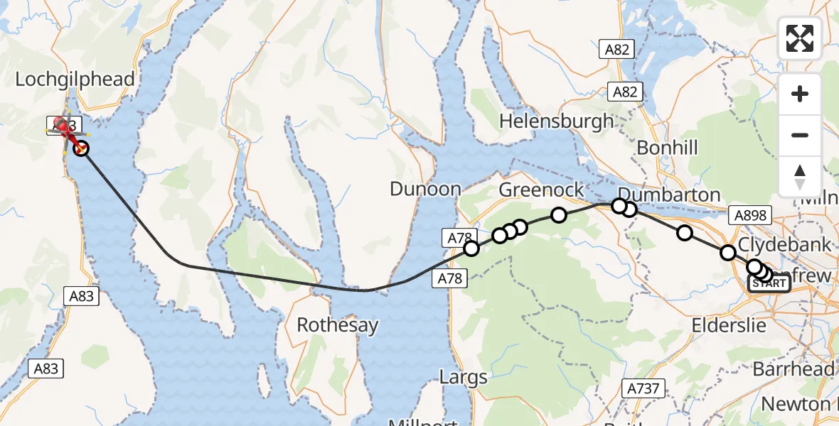 Flight path map showing Air Ambulance Helicopter route from Glasgow Airport to Lochgilphead