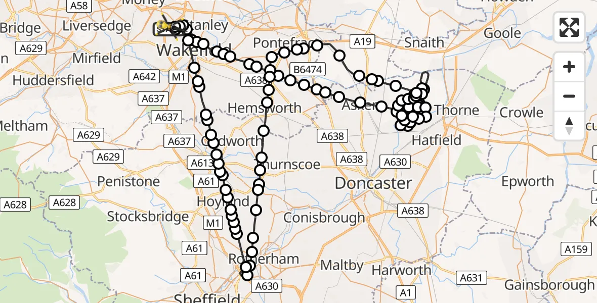 Flight path map showing Police Helicopter route from East Ardsley to East Ardsley