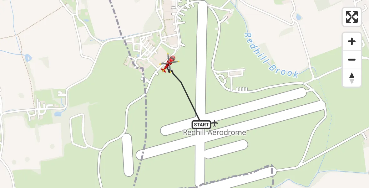 Flight path map showing Air Ambulance Helicopter route from Redhill Aerodrome to Redhill Aerodrome