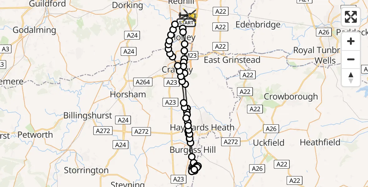 Flight path map showing Police Helicopter route from Salfords to Salfords