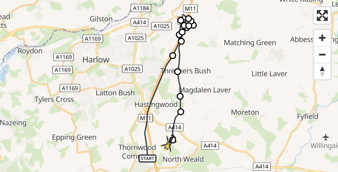 Flight path map showing Police Helicopter route from North Weald Bassett to North Weald Airfield