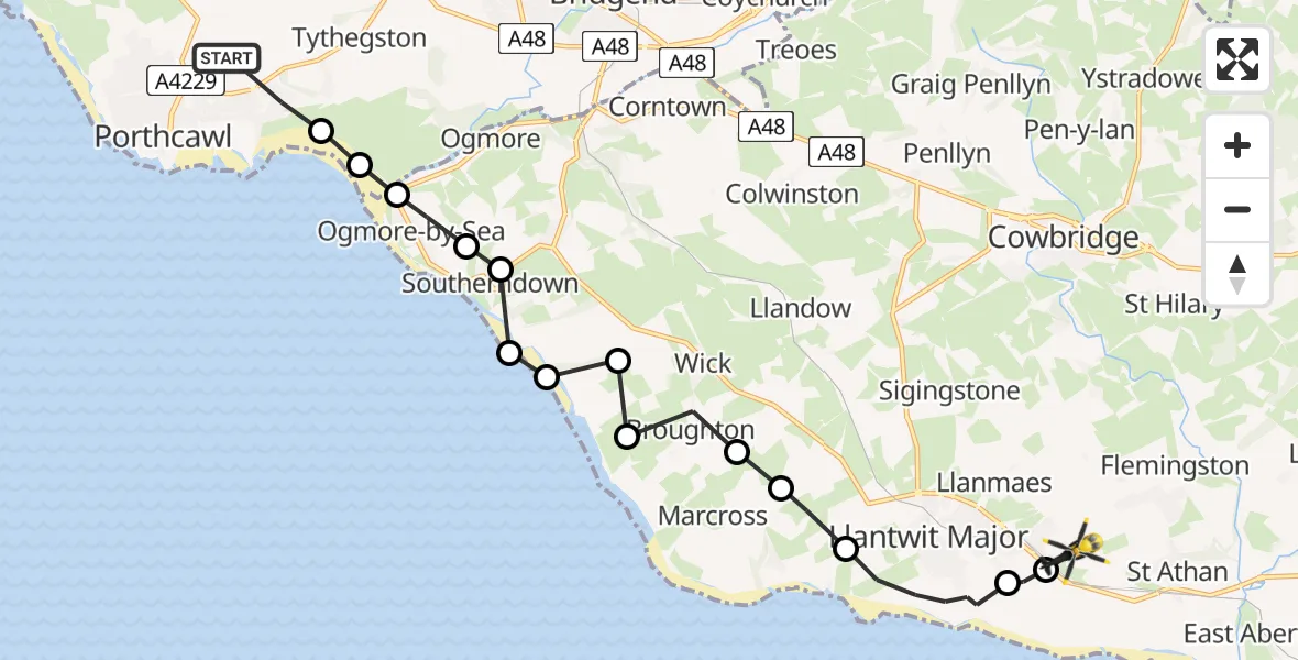 Flight path map showing Police Helicopter route from Newton to MOD St Athan