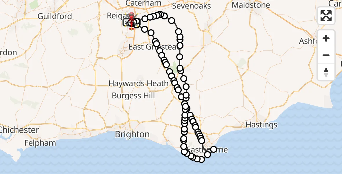 Flight path map showing Air Ambulance Helicopter route from Redhill Aerodrome to Redhill Aerodrome