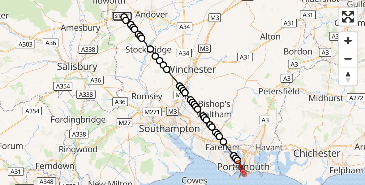 Flight path map showing Air Ambulance Helicopter route from Thruxton Aerodrome to Portsmouth