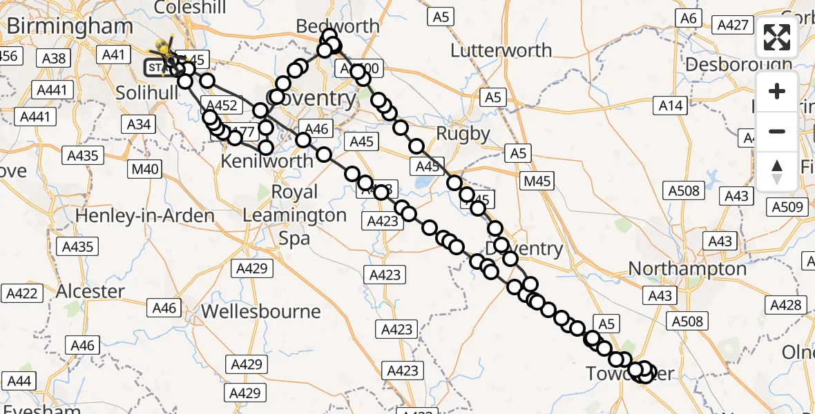 Flight path map showing Police Helicopter route from Solihull to Birmingham Airport