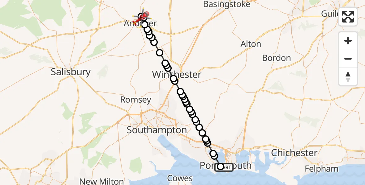 Flight path map showing Air Ambulance Helicopter route from Portsmouth to Andover