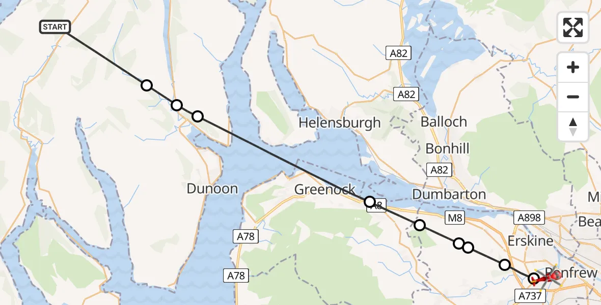 Flight path map showing Air Ambulance Helicopter route from Dunans to Glasgow Airport