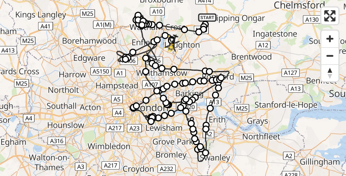 Flight path map showing Police Helicopter route from Coopersale to Sewardstonebury