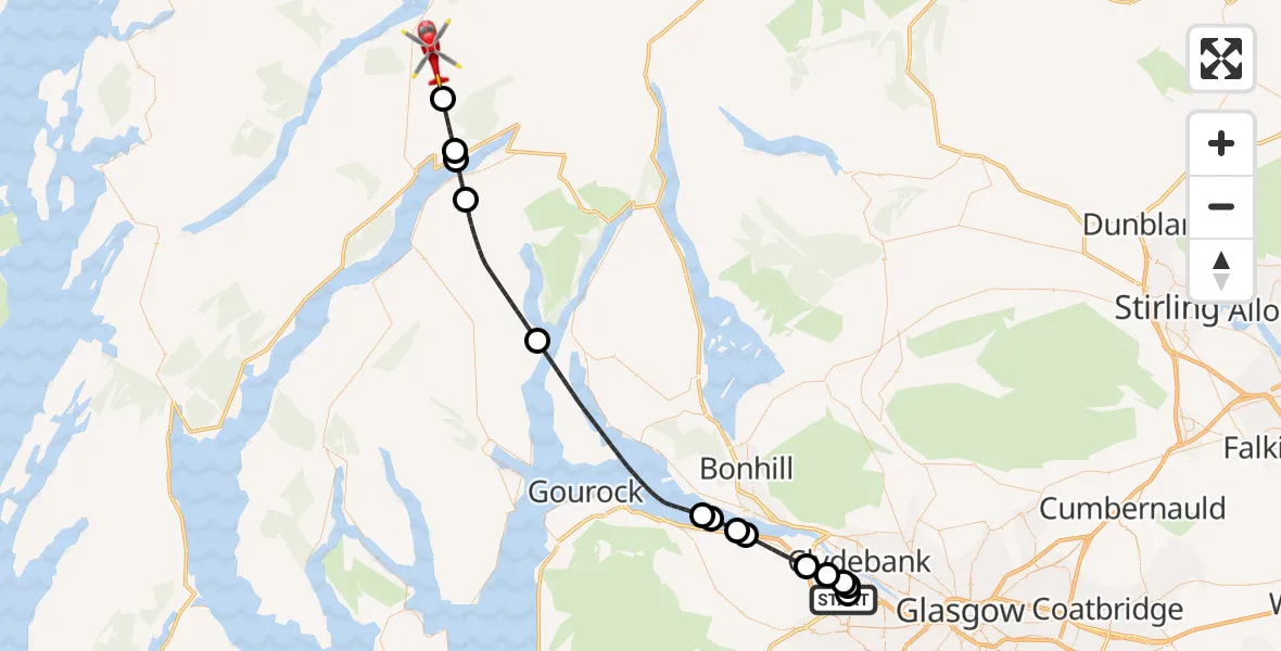 Flight path map showing Air Ambulance Helicopter route from Glasgow Airport to Inveraray