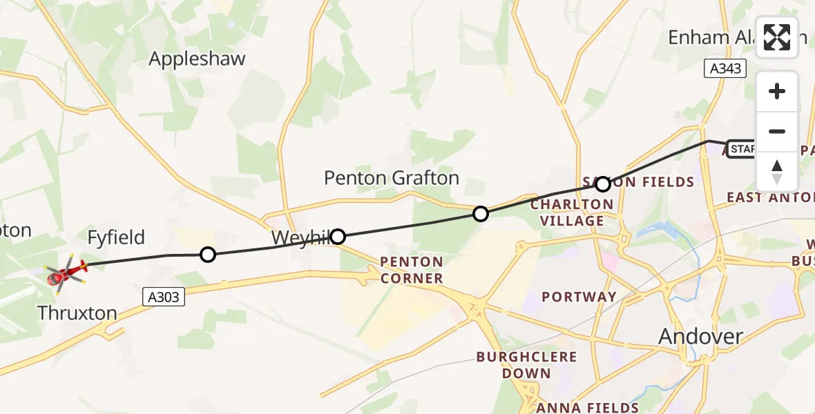 Routekaart van de vlucht: Air Ambulance Helicopter to Thruxton, Stanbury Road