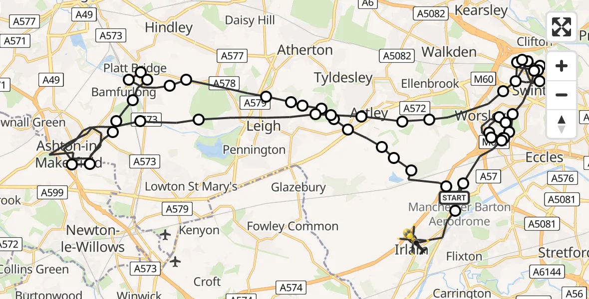 Flight path map showing Police Helicopter route from Manchester Barton Aerodrome to Irlam