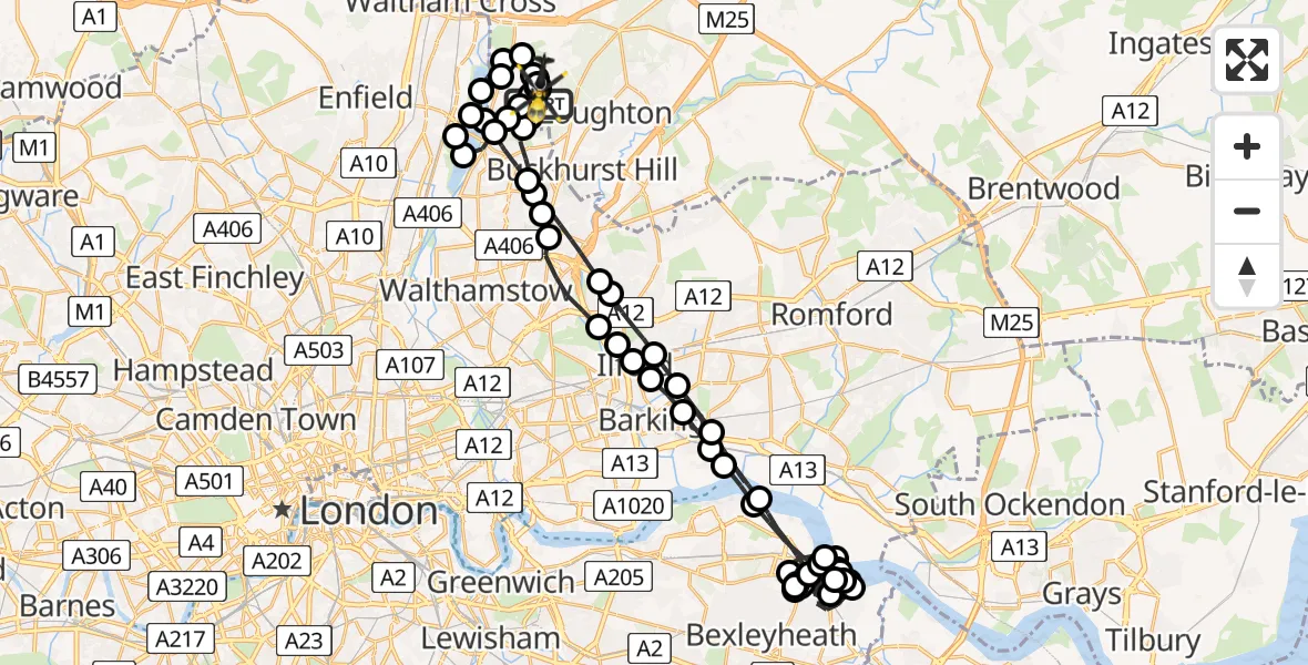 Flight path map showing Police Helicopter route from Metropolitan Police Air Support Unit Lippitts Hill to Metropolitan Police Air Support Unit Lippitts Hill
