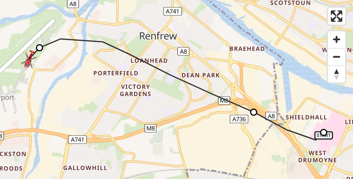 Flight path map showing Air Ambulance Helicopter route from Queen Elizabeth Hospital to Glasgow Airport