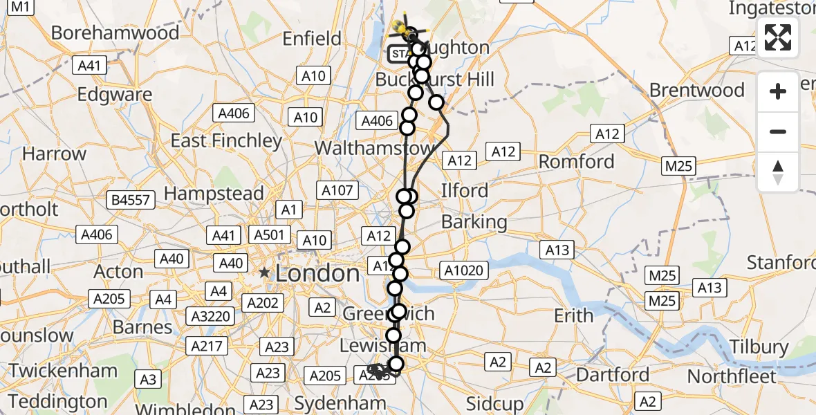 Flight path map showing Police Helicopter route from Sewardstonebury to Metropolitan Police Air Support Unit Lippitts Hill