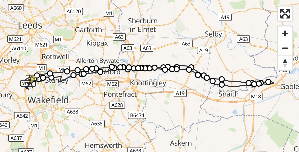 Routekaart van de vlucht: Police Helicopter to East Ardsley, Stoney Lane