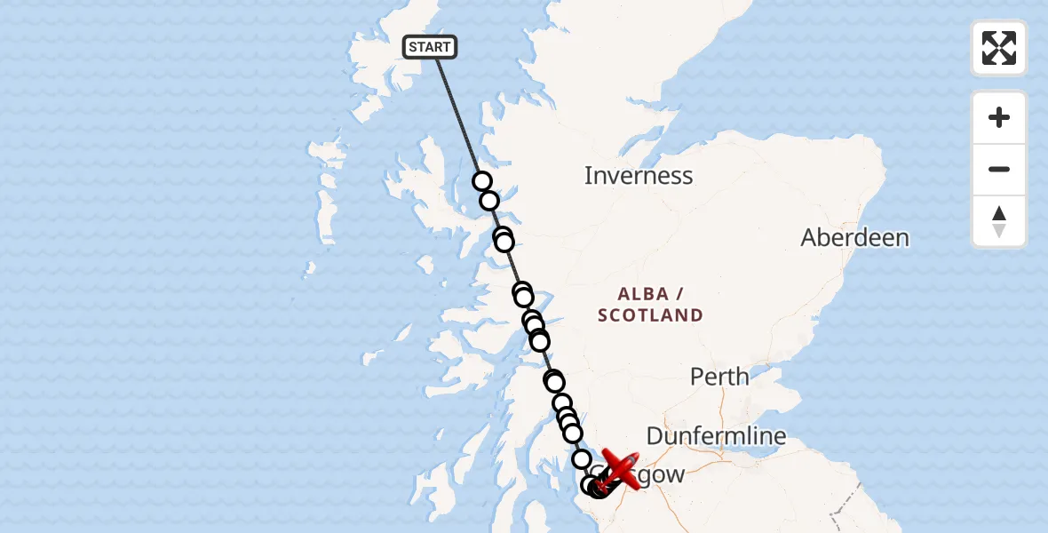 Flight path map showing Air Ambulance Aircraft route from Inner Seas to Glasgow Airport