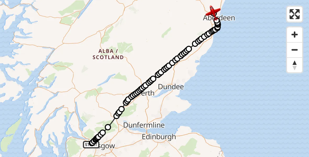 Flight path map showing Air Ambulance Aircraft route from Glasgow Airport to Aberdeen International Airport