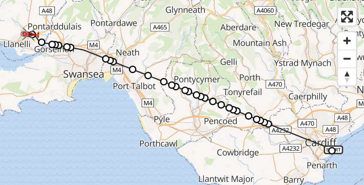 Flight path map showing Air Ambulance Helicopter route from Cardiff Heliport to Dafen