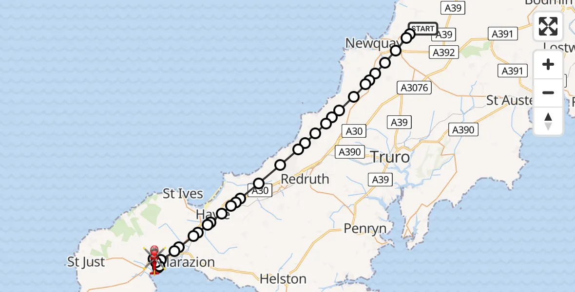 Flight path map showing Air Ambulance Helicopter route from Cornwall Airport Newquay to Heamoor