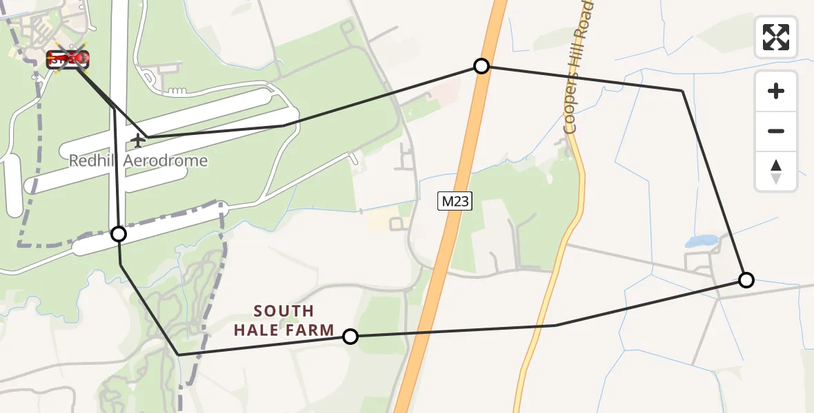 Flight path map showing Air Ambulance Helicopter route from Redhill Aerodrome to Redhill Aerodrome