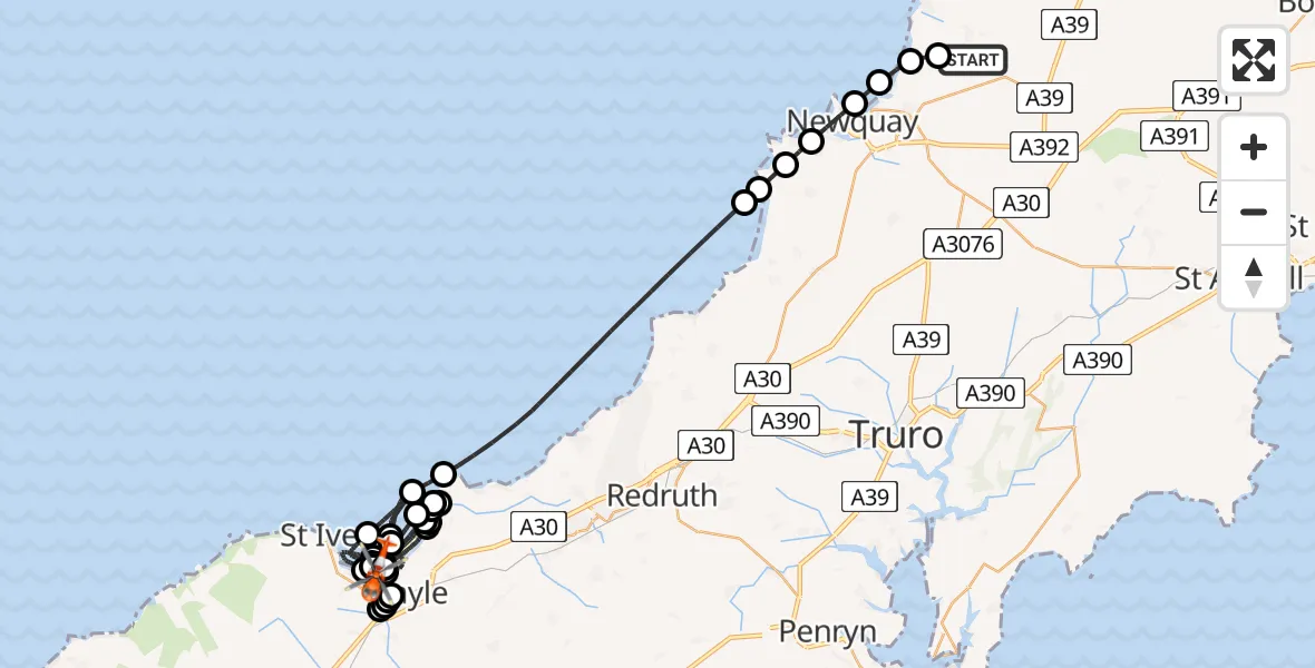 Flight path map showing Coastguard Helicopter route from Cornwall Airport Newquay to Uny Lelant