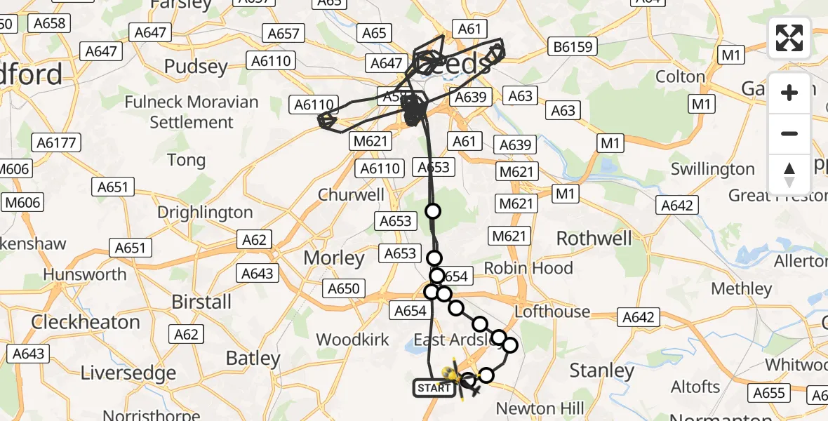 Flight path map showing Police Helicopter route from East Ardsley to East Ardsley