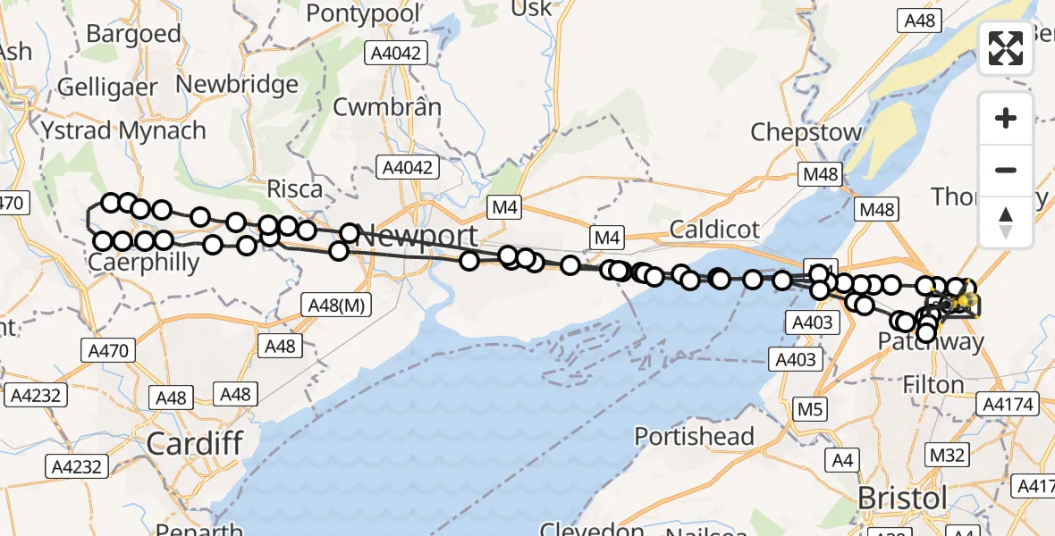 Flight path map showing Police Helicopter route from Almondsbury Helicopter Base to Almondsbury Helicopter Base