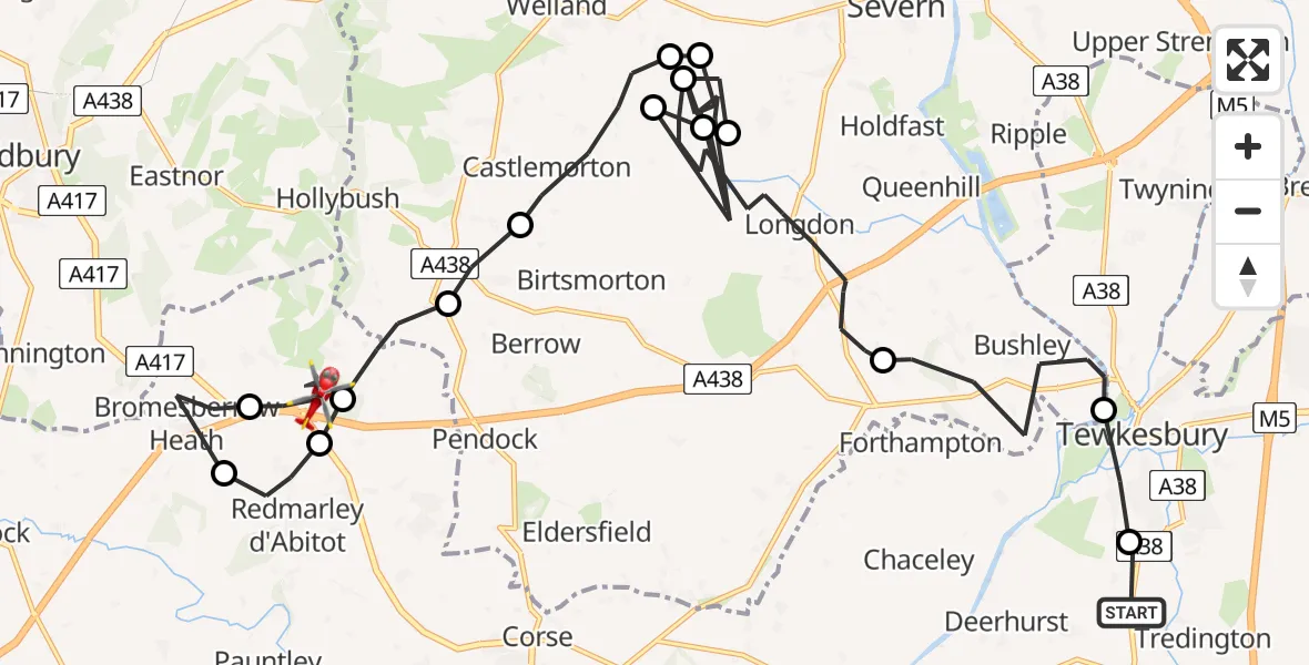 Flight path map showing Air Ambulance Helicopter route from Tredington to Berrow Airstrip
