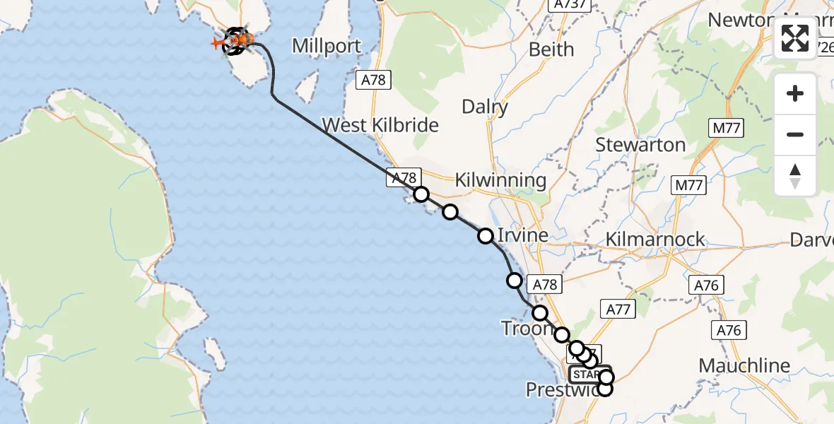 Flight path map showing Coastguard Helicopter route from Glasgow Prestwick Airport to Bute Airfield