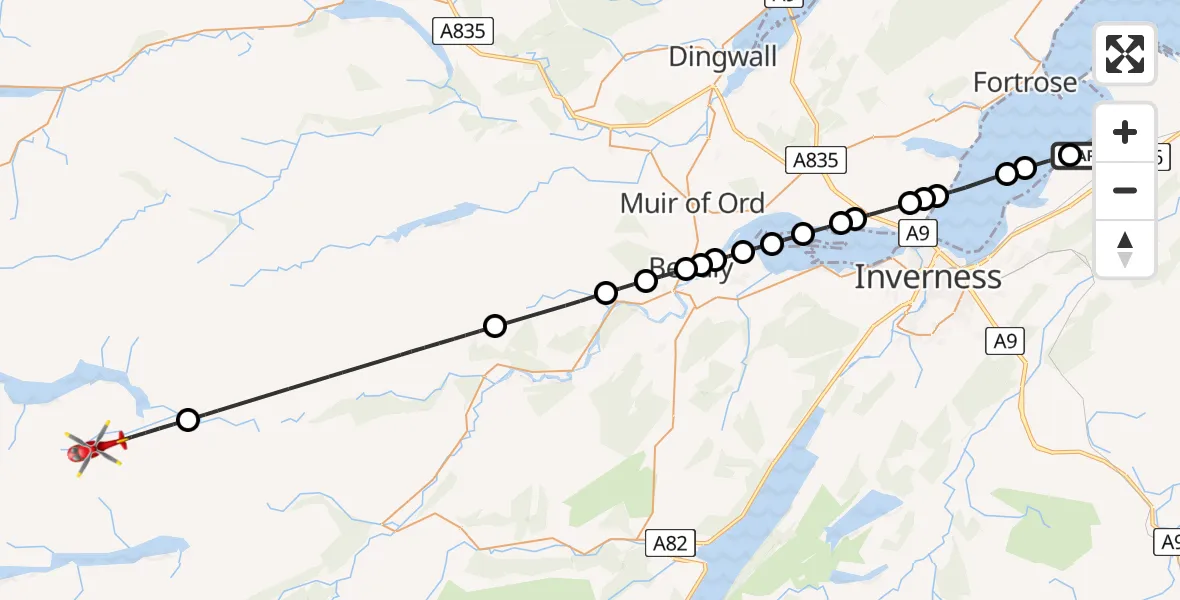 Flight path map showing Air Ambulance Helicopter route from Dalcross Heliport to Inchvuilt