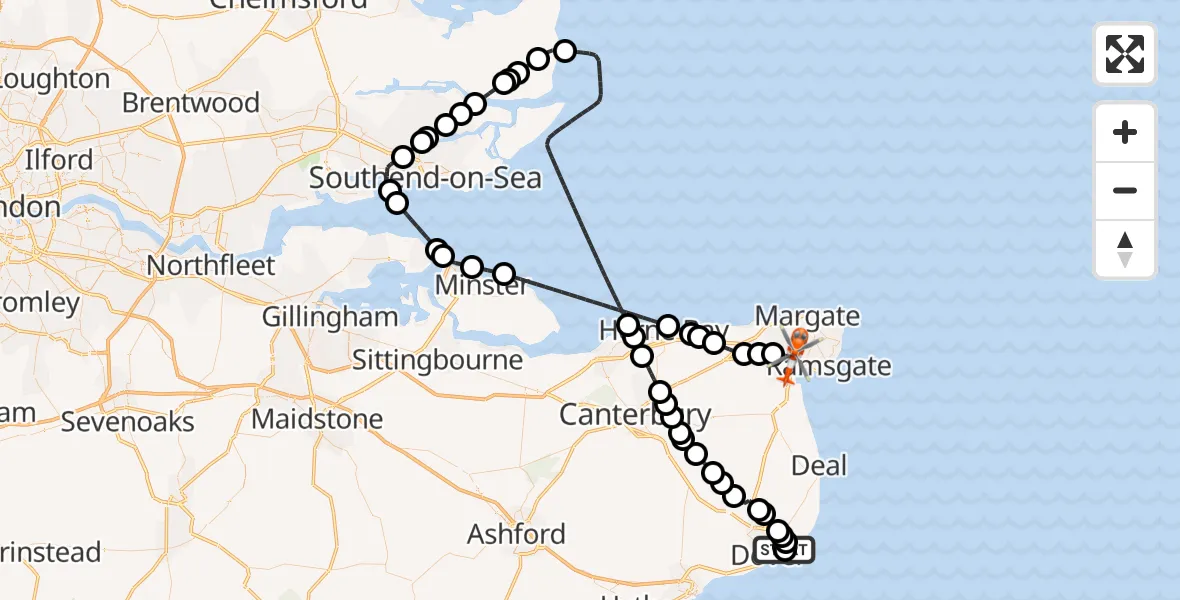 Flight path map showing Coastguard Helicopter route from Langdon Battery Heliport to Manston Airport