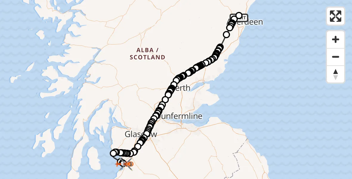 Flight path map showing Coastguard Helicopter route from Aberdeen International Airport to Glasgow Prestwick Airport
