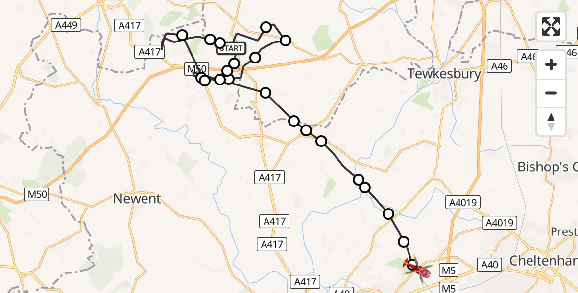 Flight path map showing Air Ambulance Helicopter route from Berrow to Down Hatherley