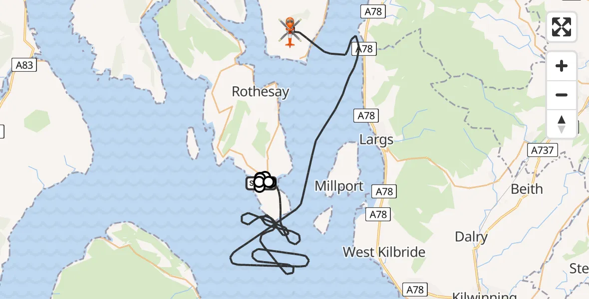 Flight path map showing Coastguard Helicopter route from Bute Airfield to Inner Seas