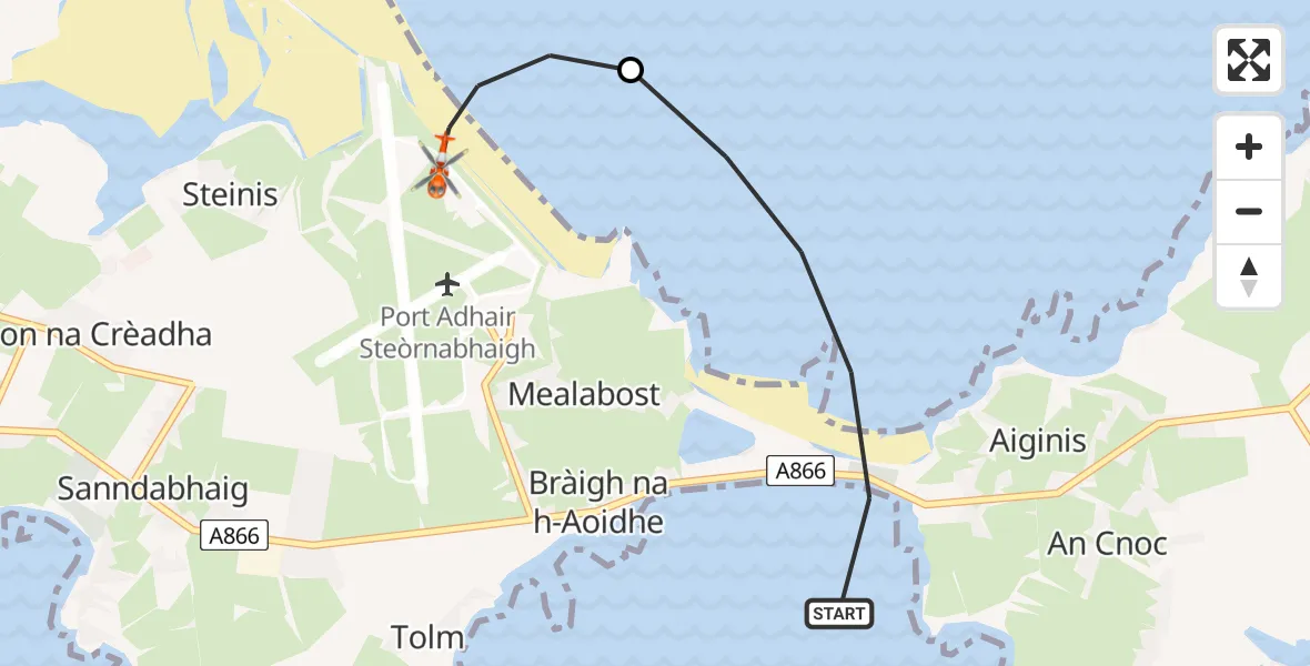Flight path map showing Coastguard Helicopter route from Inner Seas to Stornoway Airport