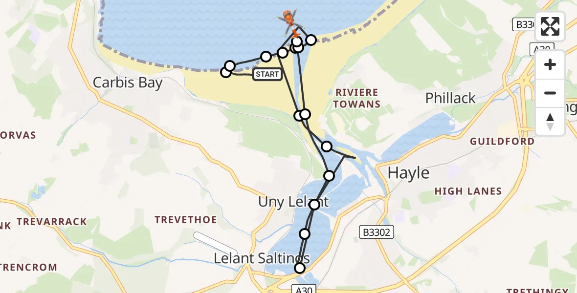 Flight path map showing Coastguard Helicopter route from Uny Lelant to Phillack