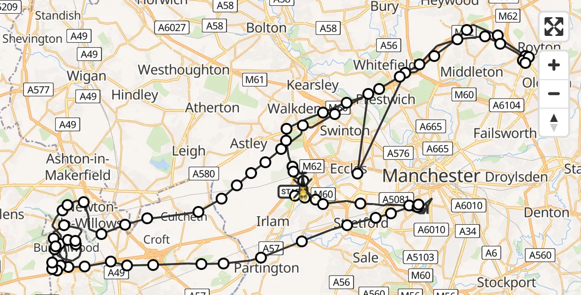 Flight path map showing Police Helicopter route from Manchester Barton Aerodrome to Manchester Barton Aerodrome