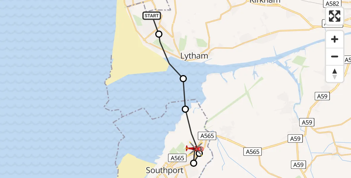 Flight path map showing Air Ambulance Helicopter route from Blackpool Airport to Sefton