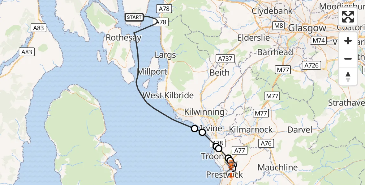 Flight path map showing Coastguard Helicopter route from Inner Seas to Glasgow Prestwick Airport