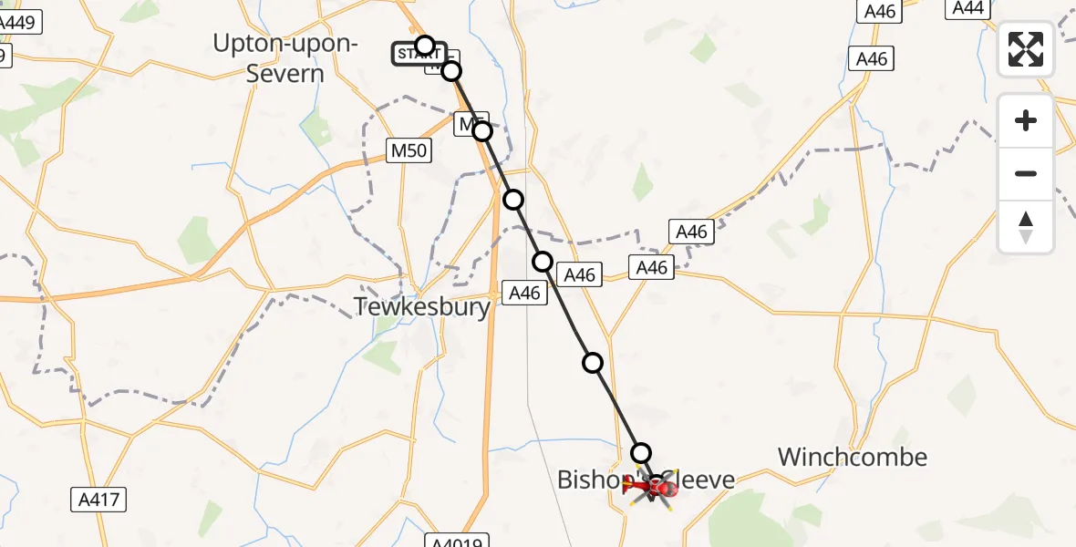 Flight path map showing Air Ambulance Helicopter route from Hill Croome to Bishop's Cleeve