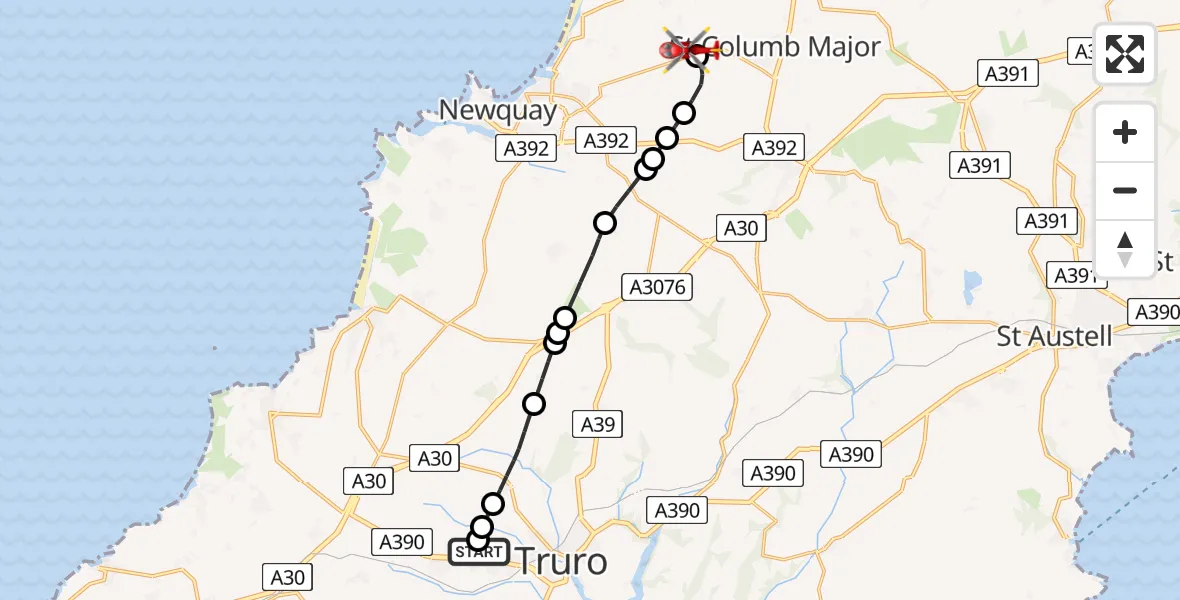 Flight path map showing Air Ambulance Helicopter route from Treliske Hospital to Cornwall Airport Newquay