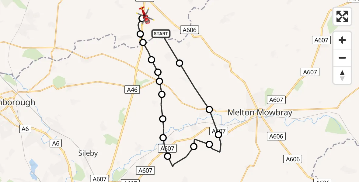 Flight path map showing Air Ambulance Helicopter route from Rushcliffe to Nottingham Heliport