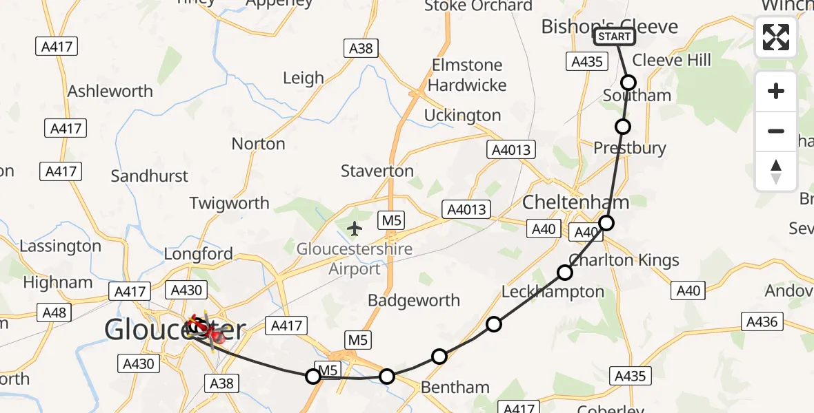 Flight path map showing Air Ambulance Helicopter route from Bishop's Cleeve to Gloucester